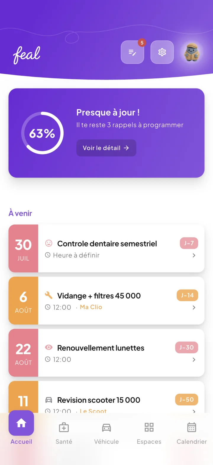 Tableau de bord Feal : prochains rendez-vous et rappels santé et véhicule.